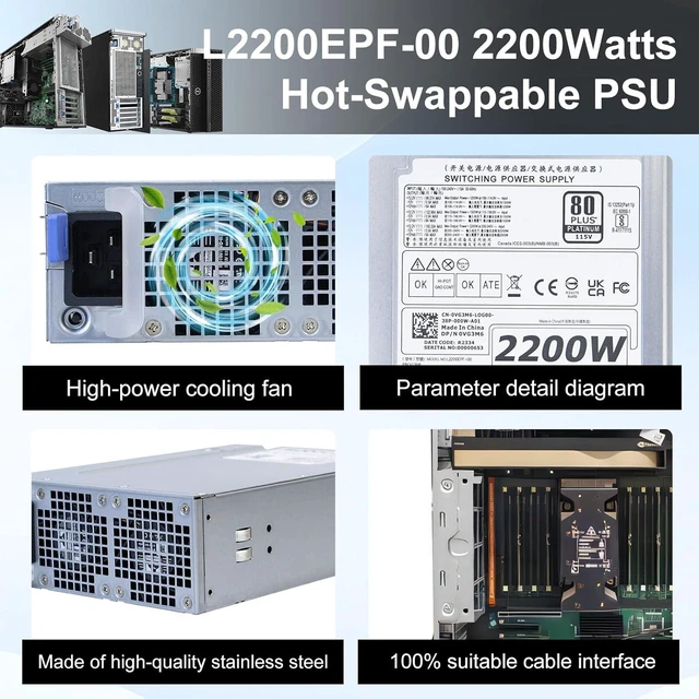 Alt view image 6 of 7 - LXun Upgraded L2200EPF-00 VG3M6 2200Watts Power Supply Compatible with DELL T7960 T7920 Precision Workstation 2200W Switching Power Supply Replaces H2200EPF-00 NC3TP 0NC3TP Hot-Swappable Power Supply