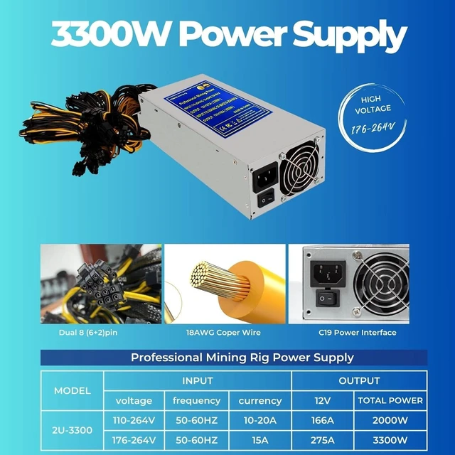 Alt view image 2 of 6 - VTRETU 3300W Mining Power Supply 2U Replaceable Connecting Cables 15000 RPM 180V-264V Applicable Voltage 27cm *11cm for ETH Miner Machine