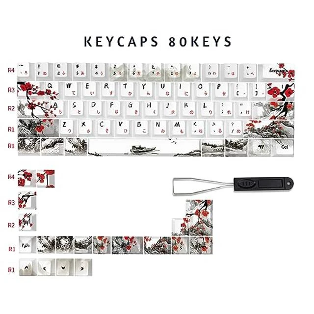 Alt view image 2 of 5 - MOLGRIA Plum Blossoms Keycaps 80 Set, PBT Cherry Profile Key Caps with Japanese Character for 60/75 Percent Cherry MX Switch Mechanical Gaming Keyboard ANSI/ISO Layout