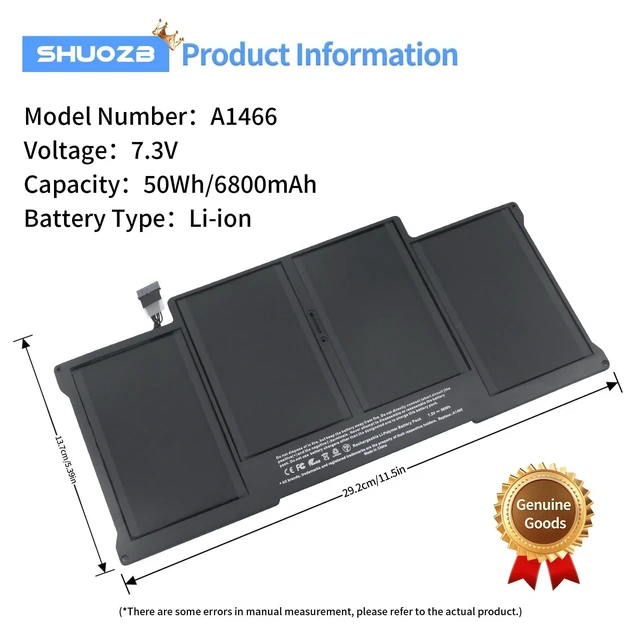 Alt view image 2 of 5 - A1466 A1405 Laptop replacement Battery for MacBook Air 13 inch A1466 (Mid 2012Mid 2013Early 2014Early 20152017) A1369 (Late 2010Mid 2011 Version) fits A1466 A1369 A1496-7.3V 50Wh/6800mAh