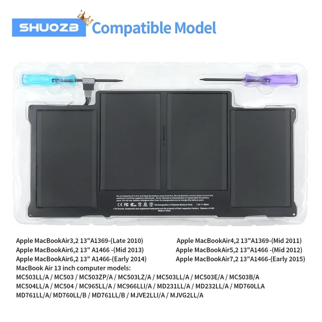 Alt view image 4 of 5 - A1466 A1405 Laptop replacement Battery for MacBook Air 13 inch A1466 (Mid 2012Mid 2013Early 2014Early 20152017) A1369 (Late 2010Mid 2011 Version) fits A1466 A1369 A1496-7.3V 50Wh/6800mAh