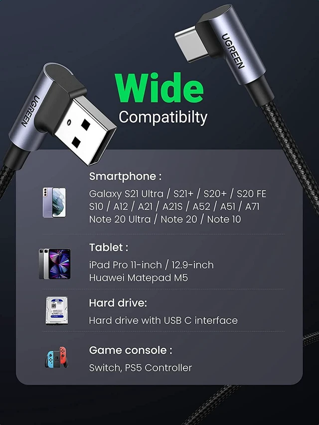 Alt view image 5 of 7 - UGREEN USB C Cable 90 Degree Type C Cable 18W Fast Charging USB A to USB C Cable Right Angle Compatible with iPad Mini 6Galaxy S21 S20 Note20 S21 Z Flip 3 Z Fold Pixel PS5 GoPro Hero 8 Switch 6ft