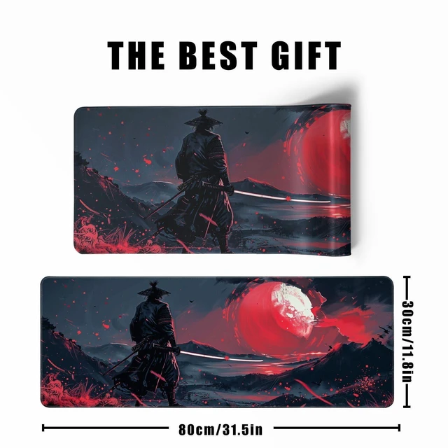 Alt view image 3 of 7 - Black Desk Mat Japanese Samurai Mouse Pad XL Red Anime Big Mousepad Gaming Large Mouse Pad for Men Desk Pad with Stitched Edges Non-Slip Large Computer Mat, 31.5x11.8 in
