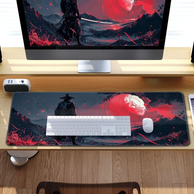 Alt view image 7 of 7 - Black Desk Mat Japanese Samurai Mouse Pad XL Red Anime Big Mousepad Gaming Large Mouse Pad for Men Desk Pad with Stitched Edges Non-Slip Large Computer Mat, 31.5x11.8 in