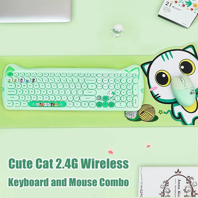 Alt view image 2 of 5 - Cute Cat 2.4G USB Wireless Keyboard and Mouse Combo, Silent Keys, Candy Colors, Compatible with Notebook, PC (Green-110Keys)
