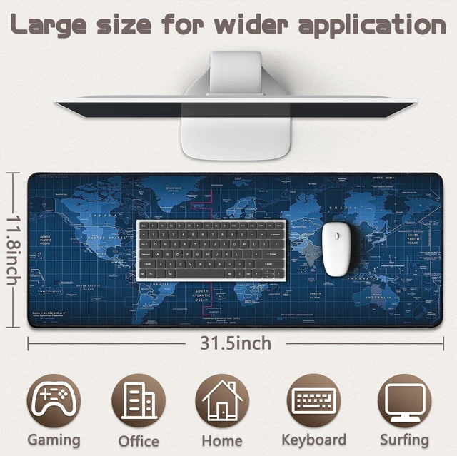 Alt view image 5 of 7 - Mouse Pad Gaming - Desk Mat for Keyboard and Mouse - Large Mouse Pad for Desk, World Map Mousepad (31.5 x 11.8inch) with Non-Slip Base, Desks Pad Mat for Gaming, Office and Home