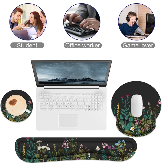 Alt view image 4 of 7 - Ergonomic Mouse Pad with Wrist Rest and Keyboard Wrist Rest, Memory Foam Wrist Rest for Computer Keyboard, Easy Typing, Pain Relief, Mouse Pad Wrist Support for Gaming,Office, Laptop, Black Flower