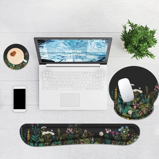 Alt view image 6 of 7 - Ergonomic Mouse Pad with Wrist Rest and Keyboard Wrist Rest, Memory Foam Wrist Rest for Computer Keyboard, Easy Typing, Pain Relief, Mouse Pad Wrist Support for Gaming,Office, Laptop, Black Flower