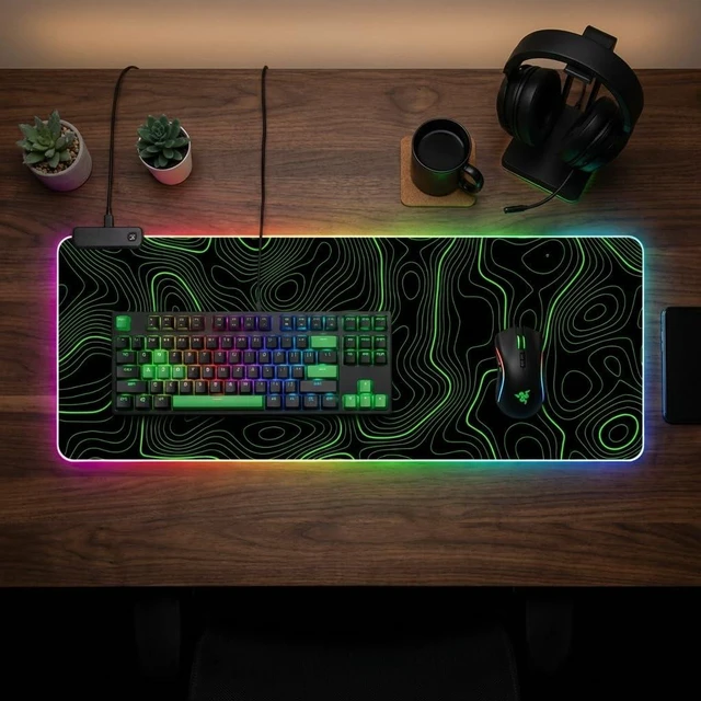 Alt view image 2 of 6 - RGB Mouse Pad LED Desk Mat Large Gaming Mousepad Black and Green Line Design, Keyboard Pad XL Mouse Mat for Home and Office