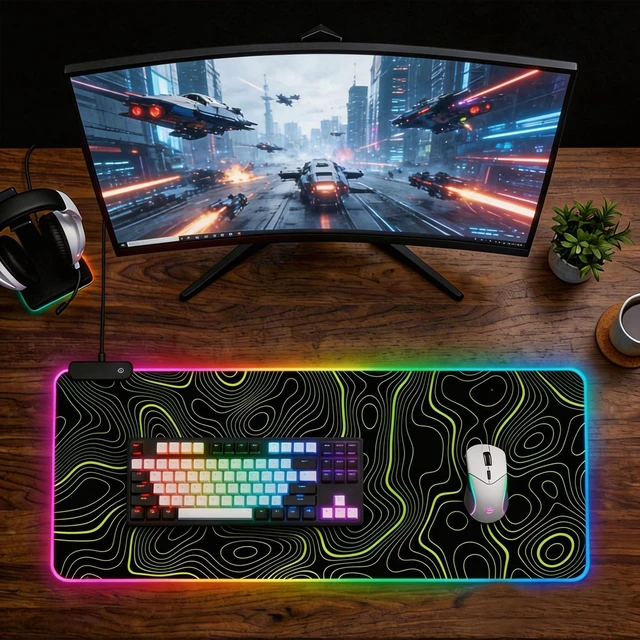 Alt view image 6 of 6 - RGB Mouse Pad LED Desk Mat Large Gaming Mousepad Black and Green Line Design, Keyboard Pad XL Mouse Mat for Home and Office