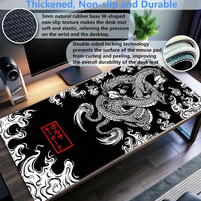 Alt view image 3 of 7 - Black and White Mouse Pad Extra Large Gaming Mousepad XL Dragon Desk Mats Japanese Full Desk Keyboard Mat Computer Pad Desk Matt with Stitched Edges Non-Slip Desktop Mat 31.5 x15.7 in