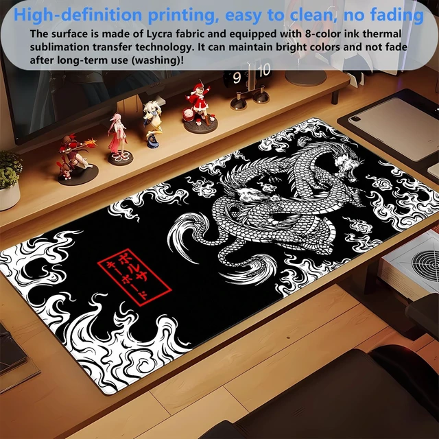 Alt view image 5 of 7 - Black and White Mouse Pad Extra Large Gaming Mousepad XL Dragon Desk Mats Japanese Full Desk Keyboard Mat Computer Pad Desk Matt with Stitched Edges Non-Slip Desktop Mat 31.5 x15.7 in