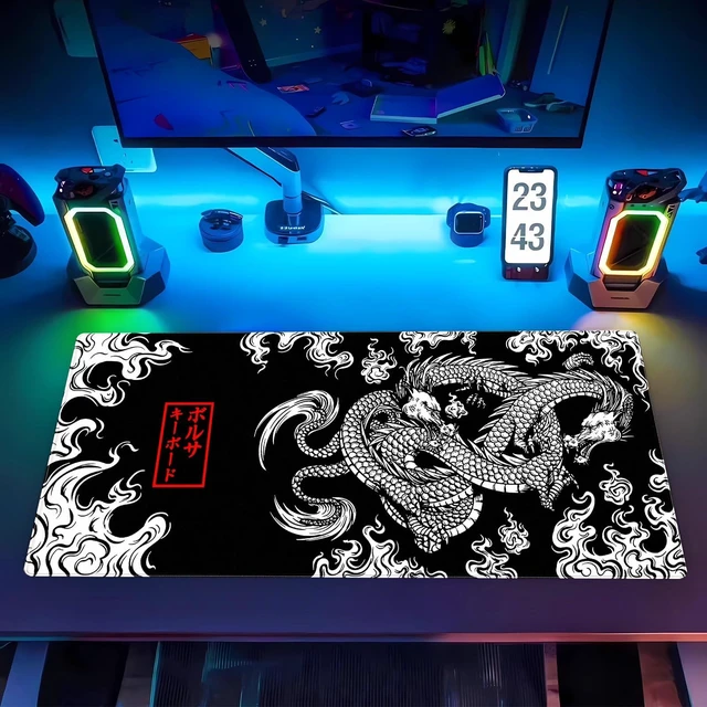 Alt view image 7 of 7 - Black and White Mouse Pad Extra Large Gaming Mousepad XL Dragon Desk Mats Japanese Full Desk Keyboard Mat Computer Pad Desk Matt with Stitched Edges Non-Slip Desktop Mat 31.5 x15.7 in