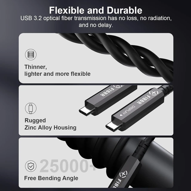 Alt view image 6 of 7 - Fiber Optic USB C Cable(33ft), Active Optical USB C to USB C Cord Compatible with Webcams, Screens, VR/AR, Cameras, Computer, Projectors etc