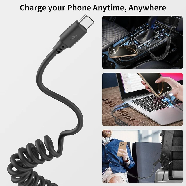 Alt view image 3 of 7 - Coiled USB C Cable for Car 2Pack 3ft USB to USBC Coiled Cord for iPhone 16 15 Pro Max 3A USB Type C Retractable Cable Fast Charging with Galaxy S23 S22 S21 S20 Note 20 10 A10e A20 A50 Moto G LG