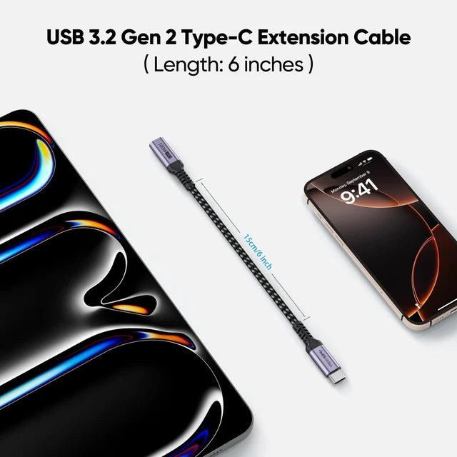 Alt view image 2 of 7 - USB C Extension Cable 6 inch Short, Full-Function Extender USB 3.2 Gen 2 Type C Male to Female Cord 100W Fast Charge 10Gbps Transfer 4K@60Hz Video for Monitor Laptop Tablet Mobile Phone -0.5Ft