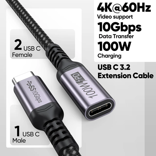 Alt view image 3 of 7 - USB C Extension Cable 6 inch Short, Full-Function Extender USB 3.2 Gen 2 Type C Male to Female Cord 100W Fast Charge 10Gbps Transfer 4K@60Hz Video for Monitor Laptop Tablet Mobile Phone -0.5Ft