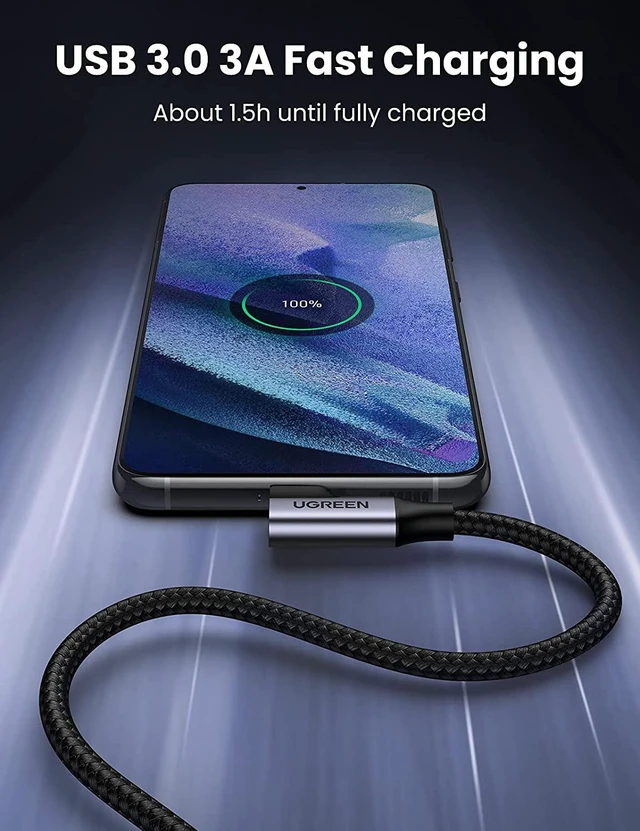 Alt view image 4 of 7 - UGREEN USB C Cable 90 Degree USB 3.0 to USB C Fast Charging Cable Right Angle USB Type C Cable Nylon Braided 5Gbps Data Cord for Samsung Galaxy S21 S20 S10 S9 A51 A71, PS5 Controller, LG Velvet, 1.5ft