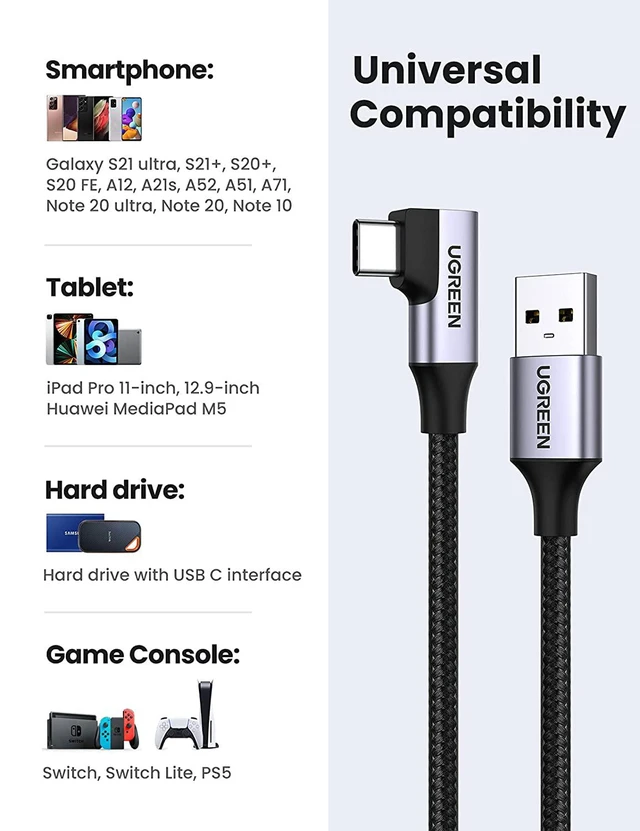 Alt view image 5 of 7 - UGREEN USB C Cable 90 Degree USB 3.0 to USB C Fast Charging Cable Right Angle USB Type C Cable Nylon Braided 5Gbps Data Cord for Samsung Galaxy S21 S20 S10 S9 A51 A71, PS5 Controller, LG Velvet, 1.5ft