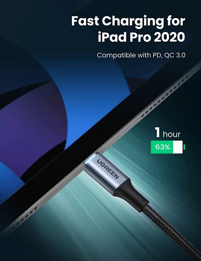 Alt view image 3 of 7 - UGREEN USB C to USB C Cable 100W Fast Charge - 10FT USB 2.0 Type C 5A Power Delivery Nylon Braided Charging Cord Compatible for MacBook Pro 2021 iPad Pro Samsung Galaxy S21 S20 Note 20 Dell XPS Pixel
