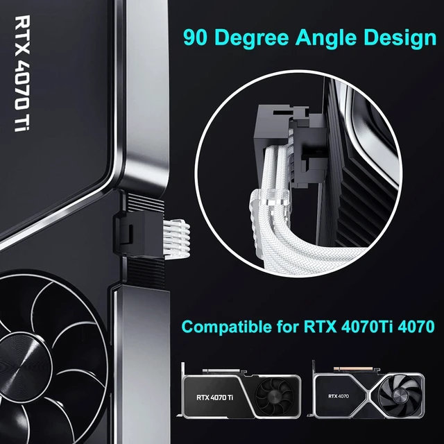 Alt view image 9 of 14 - Bangfun 16Pin RTX 4070Ti Right Angled GPU Power Cable, PCI-e 5.0 16Pin(12+4) to 2x8Pin Male to Female 12VHPWR 90 Degree Angle Sleeved Extension Cable for Geforce RTX 4070Ti 4070 Super-13 inch White