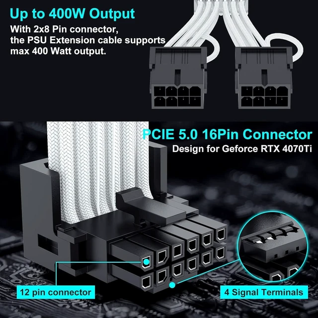 Alt view image 10 of 14 - Bangfun 16Pin RTX 4070Ti Right Angled GPU Power Cable, PCI-e 5.0 16Pin(12+4) to 2x8Pin Male to Female 12VHPWR 90 Degree Angle Sleeved Extension Cable for Geforce RTX 4070Ti 4070 Super-13 inch White