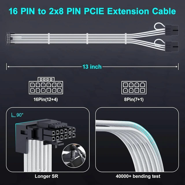 Alt view image 12 of 14 - Bangfun 16Pin RTX 4070Ti Right Angled GPU Power Cable, PCI-e 5.0 16Pin(12+4) to 2x8Pin Male to Female 12VHPWR 90 Degree Angle Sleeved Extension Cable for Geforce RTX 4070Ti 4070 Super-13 inch White
