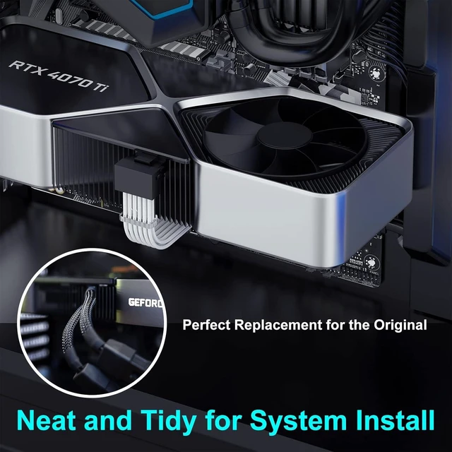 Alt view image 11 of 14 - Bangfun 16Pin RTX 4070Ti Right Angled GPU Power Cable, PCI-e 5.0 16Pin(12+4) to 2x8Pin Male to Female 12VHPWR 90 Degree Angle Sleeved Extension Cable for Geforce RTX 4070Ti 4070 Super-13 inch White
