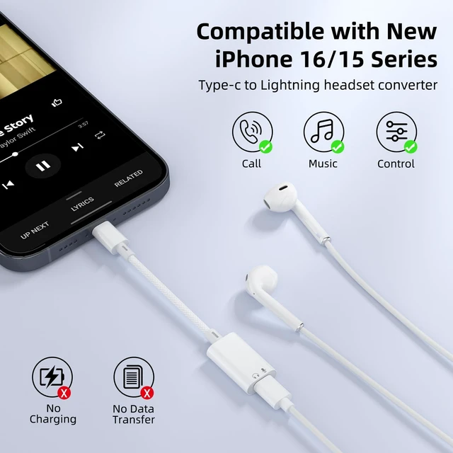 Alt view image 5 of 7 - USB C to Lightning Audio Adapter, USB Type C Male to Female Lightning Headphone Audio Adapter Compatible with iPhone 17/17 Pro/16/16 Pro Max, iPad Pro, iPad Air 6/5, Galaxy S25/S24 (No Charge)