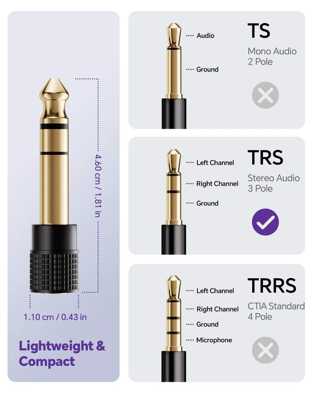 Alt view image 6 of 7 - 6.35mm 1/4 Male to 3.5mm 1/8 Female Audio Adapter, Gold-Plated TRS Stereo Jack, Solid Brass Housing, for Headphones, Guitar, Mixer, Amp, Keyboard, 2 Pack