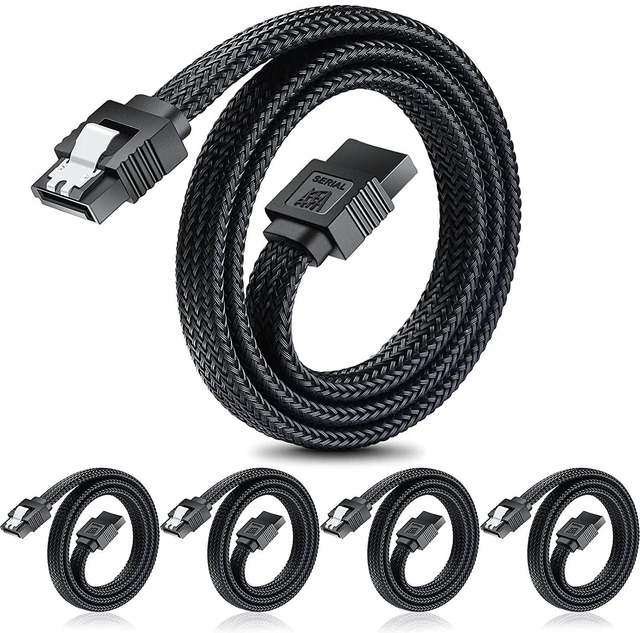 Main image of SATA III Cable, 6Gbps Straight HDD SDD Data Cable, SATA 3.0 Nylon Braided Cable with Locking Latch for SATA HDD, SSD, CD Driver, CD Writer(20 Inch, Black,5 Pack)