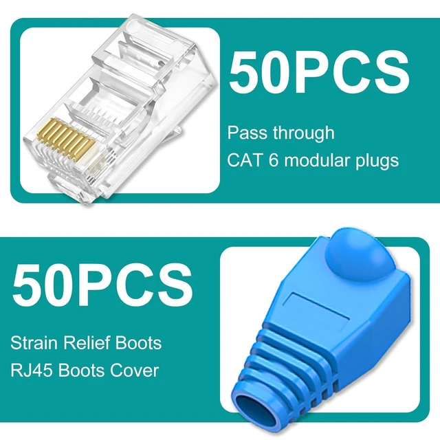 Alt view image 9 of 14 - UTP RJ45 Connectors, Cat6 RJ45 Pass Through Plugs 50-Pack, Cat6 RJ45 Plugs with 50-Pack Strain Relief Boots for Solid or Standard Ethernet Cables, Transparent