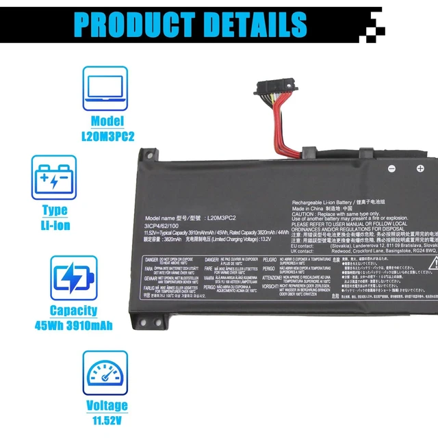 Alt view image 2 of 5 - L20M3PC2 SB11B96717 Laptop Battery Replacement for Lenovo Ideapad Gaming 3-15ACH6 Type-82K2 82MJ Ideapad Gaming 3-15IHU6 Type-82K1 82MG Series L20D3PC2 SB11B96720 L20C3PC2 SB11B96716 45Wh 3910mAh