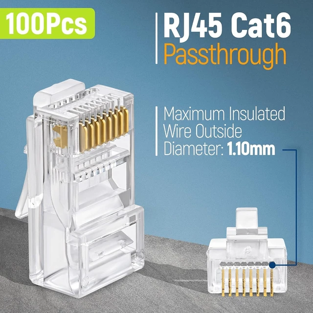 Alt view image 10 of 14 - GTZ 100-Pack RJ45 Cat6 Pass Through Connectors - EZ to Crimp Modular Plug for Solid or Stranded UTP Network Cable - Male Ethernet Connector End