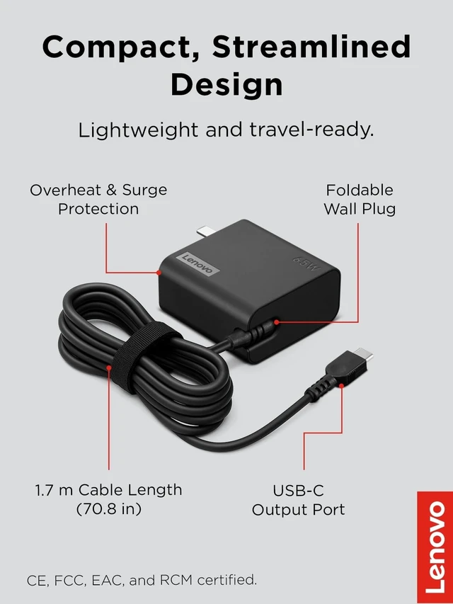 Alt view image 7 of 7 - Lenovo 65W USB-C Wall Adapter, For Gaming