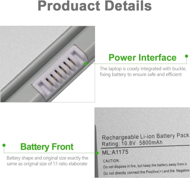 Alt view image 9 of 14 - New Upgrade A1175 Laptop Battery for MacBook Pro 15 inch A1175 A1260 A1150 A1211 A1226 for (2006 2007 2008 Version) Apple MacBook pro Battery MA348/A MA348G / A MA466LLA -10.8V 5800mah