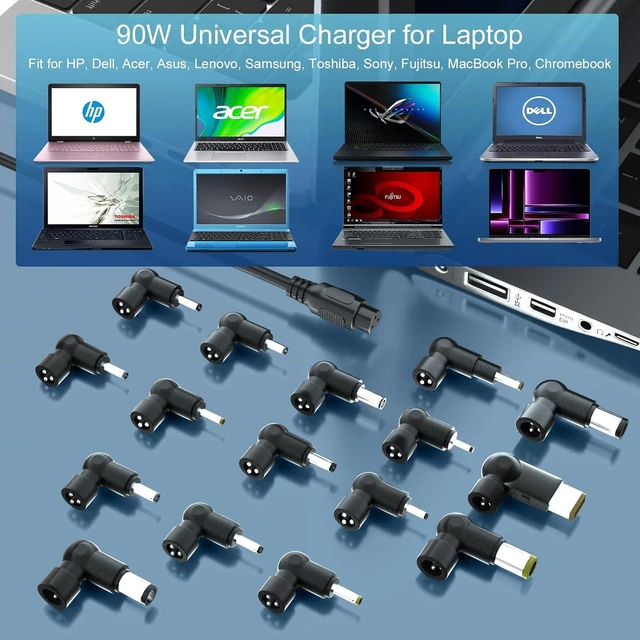 Alt view image 6 of 7 - 90W 16Tips Universal Laptop Charger - Compatible for HP LG IBM Google Toshiba Sony Fujitsu MacBook Pro Notebook Ultrabook Chromebook Power Adapter Supply Cord