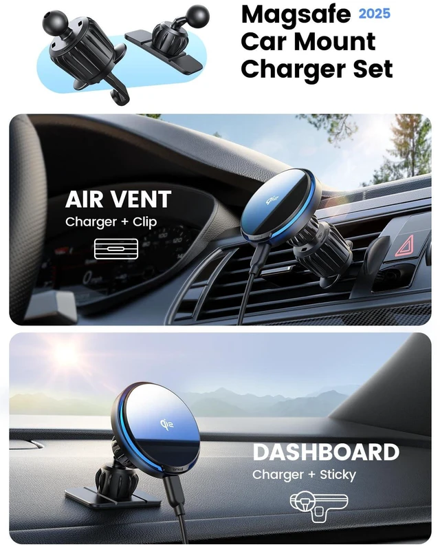 Alt view image 4 of 7 - 15W for QI2 Magsafe Car Mount Charger - RGB LED360° Wireless Car Phone Holder Vent Dashboard, HandsFree Magnetic Phone Holder for Car Charging for iPhone 17 Air Pro Max Plus 16 15 14 13 12