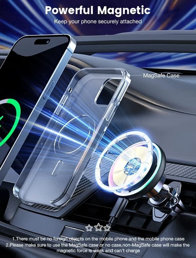 Alt view image 6 of 7 - for Magsafe Car Mount Charger-15W Wireless Car Charger-Magnetic Car Phone Holder for Dash Air Vent-LED RGB HandsFree Car Mount Fast Car Charger for iPhone 14/13/12 Series