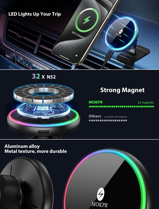 Alt view image 7 of 7 - for Magsafe Car Mount Charger-15W Wireless Car Charger-Magnetic Car Phone Holder for Dash Air Vent-LED RGB HandsFree Car Mount Fast Car Charger for iPhone 14/13/12 Series