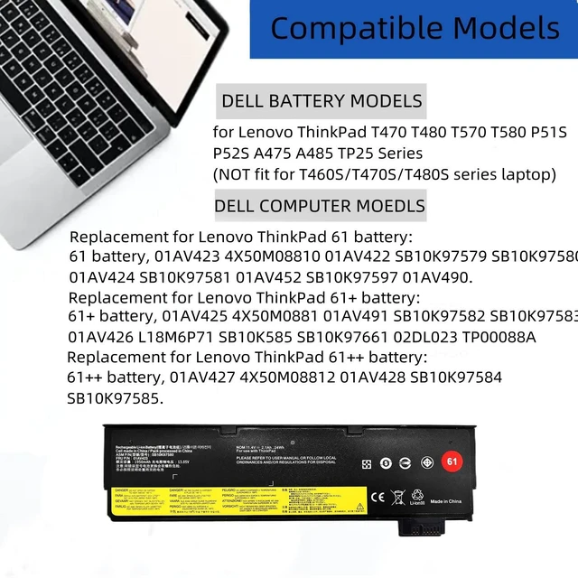 Alt view image 5 of 5 - 61+ 61 11.4V 24Wh 01AV423 01AV452 t470 T580 T570 P52S T470 Laptop Battery Replacement for Lenovo ThinkPad T470 T480 T570 T580 A475 A485 P51S P52S Series 4X50M08810 01AV422 SB10K97579 01AV424 01AV452