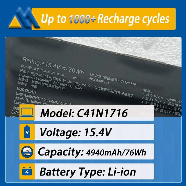 Alt view image 2 of 5 - Mobik C41N1716 Laptop Battery for ASUS ROG Strix GL703GS GL703GM Scar ROG Strix S7BS S7BS8750 GL703GM-NS73 GL703GM-DS74 GL703GS-DS74 0B200-02770000 4ICP4/59/134 15.4V