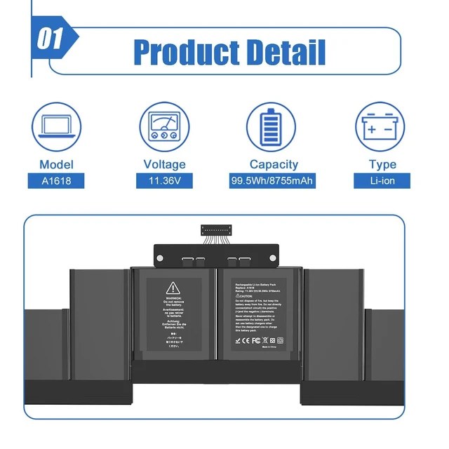 Alt view image 2 of 5 - Dentsing A1618 A1494 Laptop Battery Replacement for MacBook Pro 15" Inch Retina A1398 (Mid 2015 Mid 2014 Late 2013) EMC 2910 2909 MJLQ2LL/A MJLT2LL/A 11.36V 99.5Wh 8755mAh