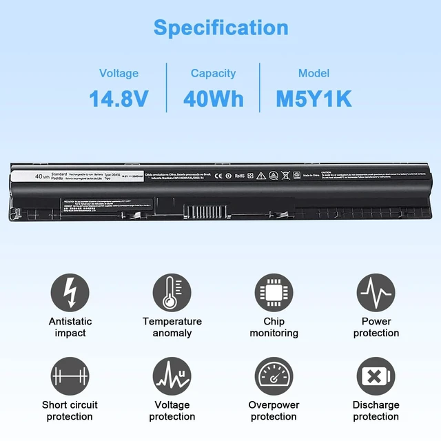 Alt view image 2 of 5 - M5Y1K 14.8V 40wh Battery Replacement for Dell Inspiron 14 15 17 5000 3000 Series 5559 5558 3451 3452 3458 3551 5458 5755 5756 5758 5759 P47F P51F P52F P63F P64G 453-BBBQ GXVJ3 WKRJ2 HD4J0 991XP VN3N
