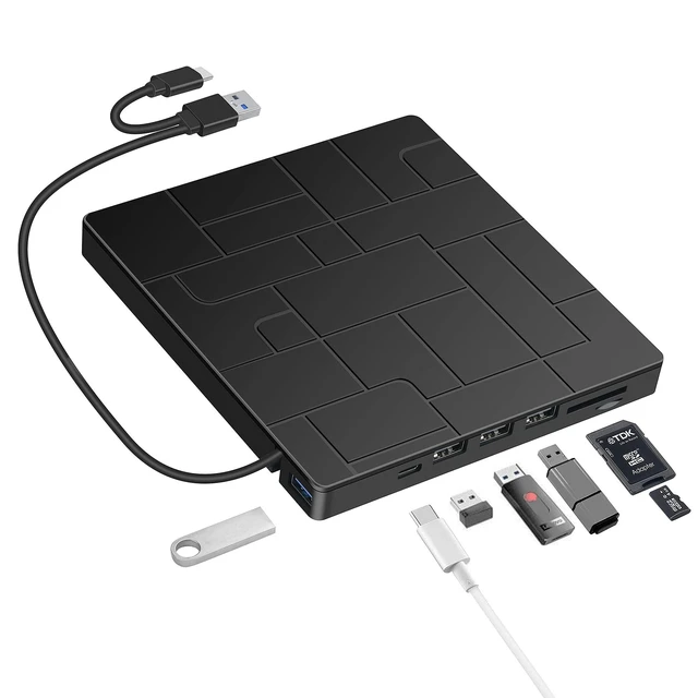 Main image of External DVD Drive, USB 3.0 Type-C DVD Player with 4 USB Ports and SD Readers for Laptop, Portable Disk Drive CD ROM Writer Burner Compatible with Laptop Desktop PC Windows MacBook Mac Linux Mac OS