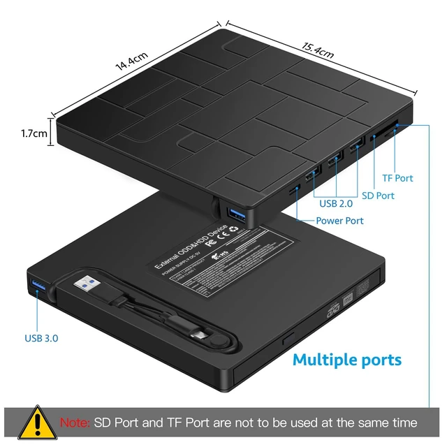 Alt view image 2 of 5 - External DVD Drive, USB 3.0 Type-C DVD Player with 4 USB Ports and SD Readers for Laptop, Portable Disk Drive CD ROM Writer Burner Compatible with Laptop Desktop PC Windows MacBook Mac Linux Mac OS