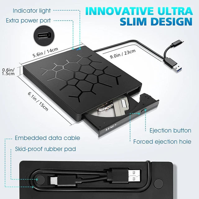 Alt view image 3 of 7 - External DVD Drive, USB 3.0 Type C CD Drive, Dual Port DVD Player, Portable Optical Burner Writer Rewriter with 4 USB Ports and 2 SD Card Slots for Laptop Notebook Desktop PC MAC OS Windows 7/8/10