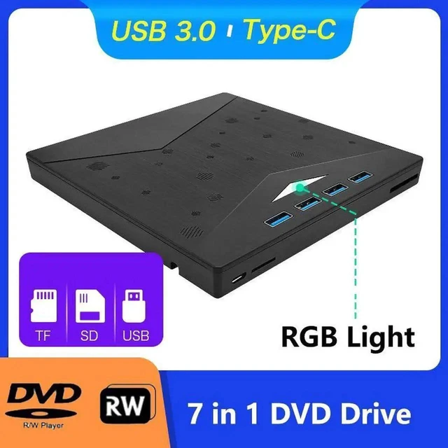 Alt view image 7 of 7 - External CD DVD Drive, 7 in 1 USB 3.0 & Type-C CD/DVD +/-RW ROM Burner Writer Rewriter with SD/TF & 4 USB Port, External Optical Disc CD/DVD Drive DVD Player for Windows 11/10/8/7, Linux, MacOS