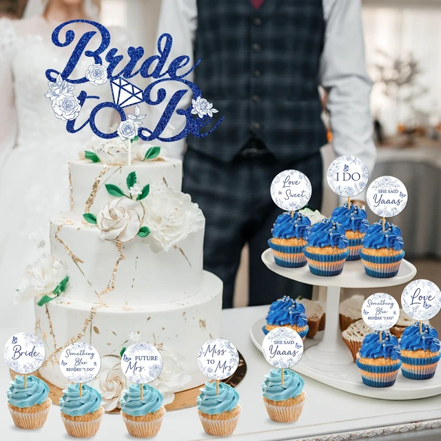 Alt view image 2 of 7 - Bridal Shower Cupcake Toppers - 25 Pcs Something Blue Before I Do | Bachelorette Bride To Be Engagement Wedding Party Decorations Supplies, and White Floral Flower Table Decor Topper