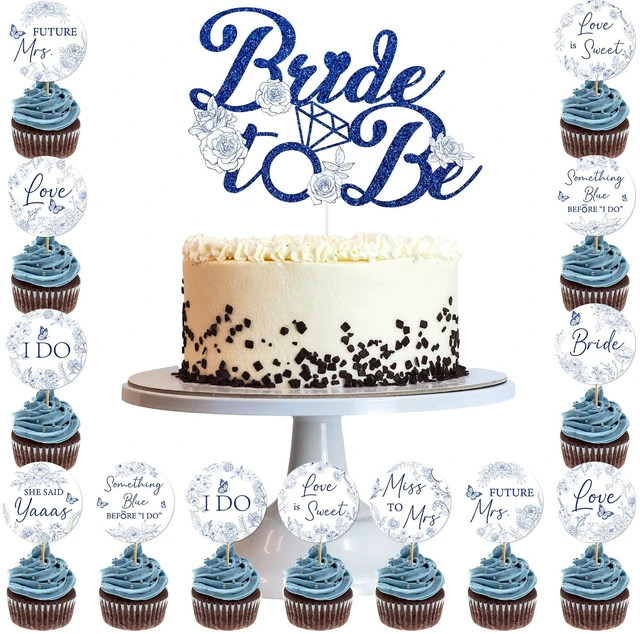 Main image of Bridal Shower Cupcake Toppers - 25 Pcs Something Blue Before I Do | Bachelorette Bride To Be Engagement Wedding Party Decorations Supplies, and White Floral Flower Table Decor Topper